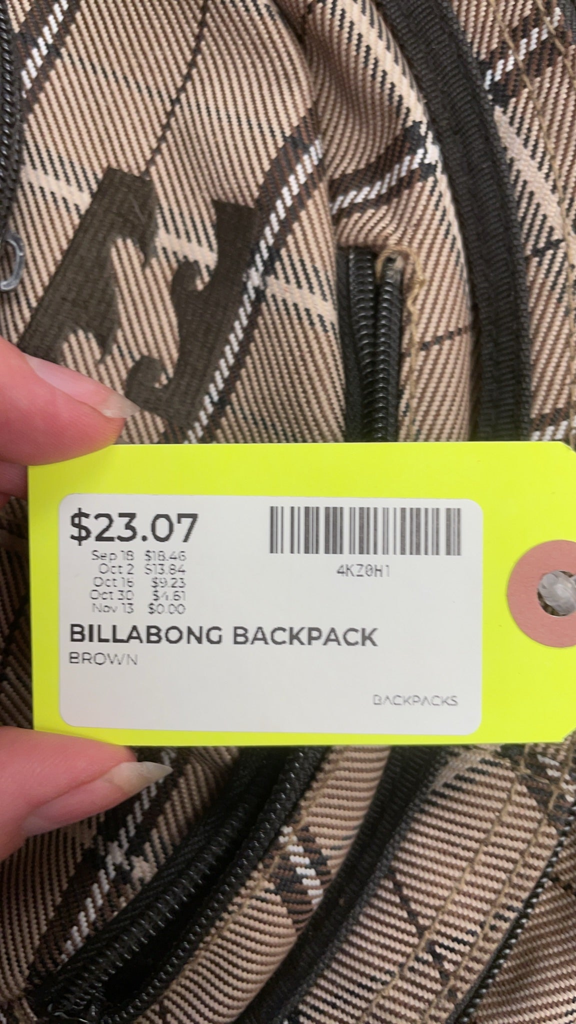 Billabong Brown Plaid Backpack