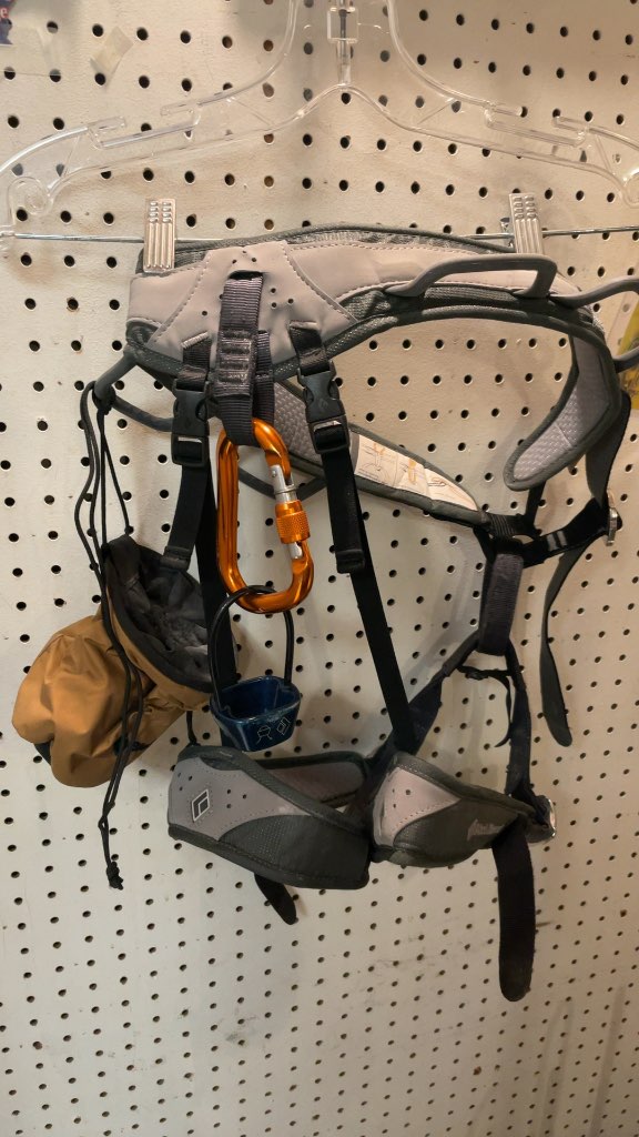 Black Diamond Rock Climbing Harness with Chalk Bag and Accessories