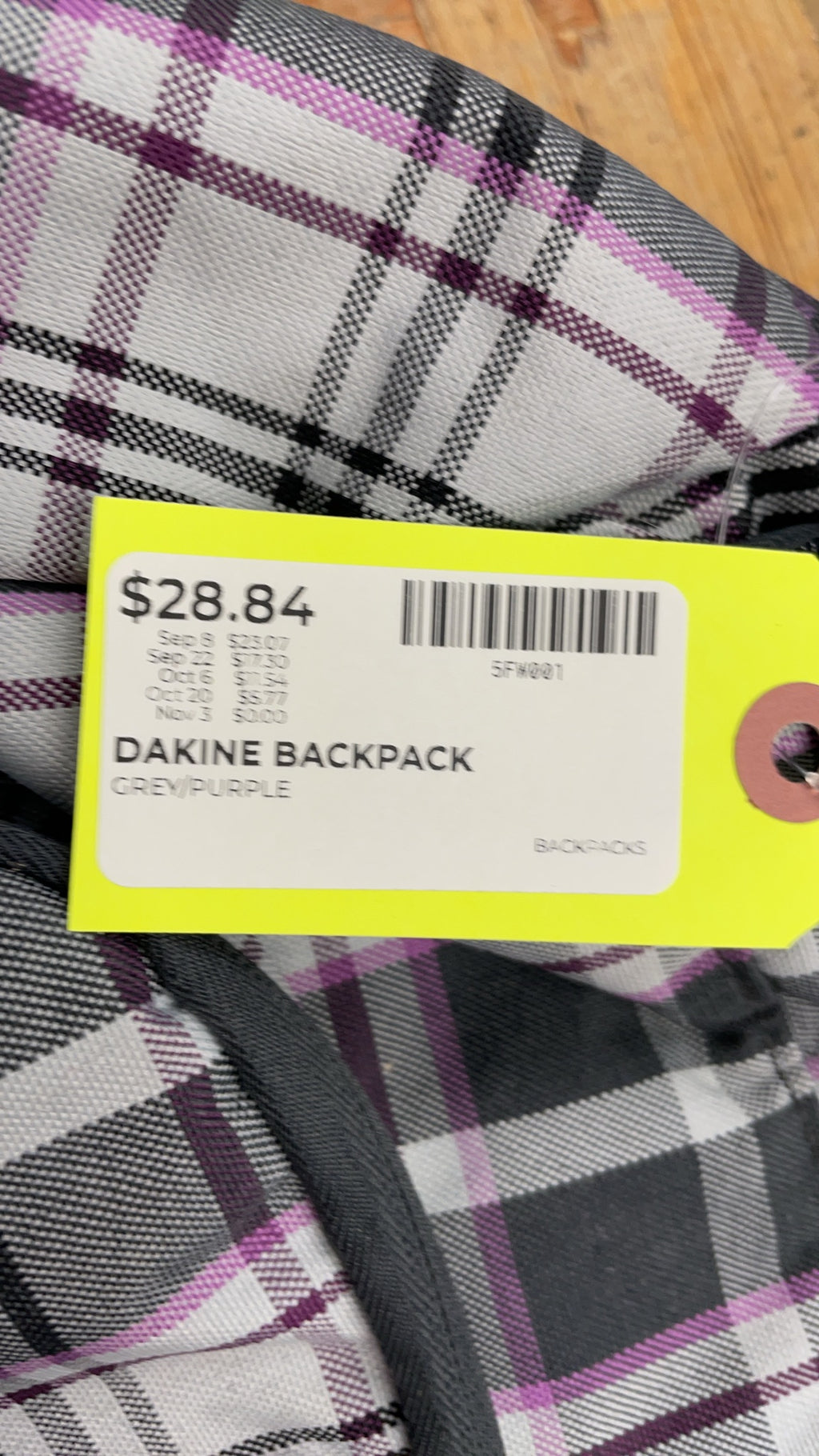 Dakine Grey and Purple Plaid Backpack