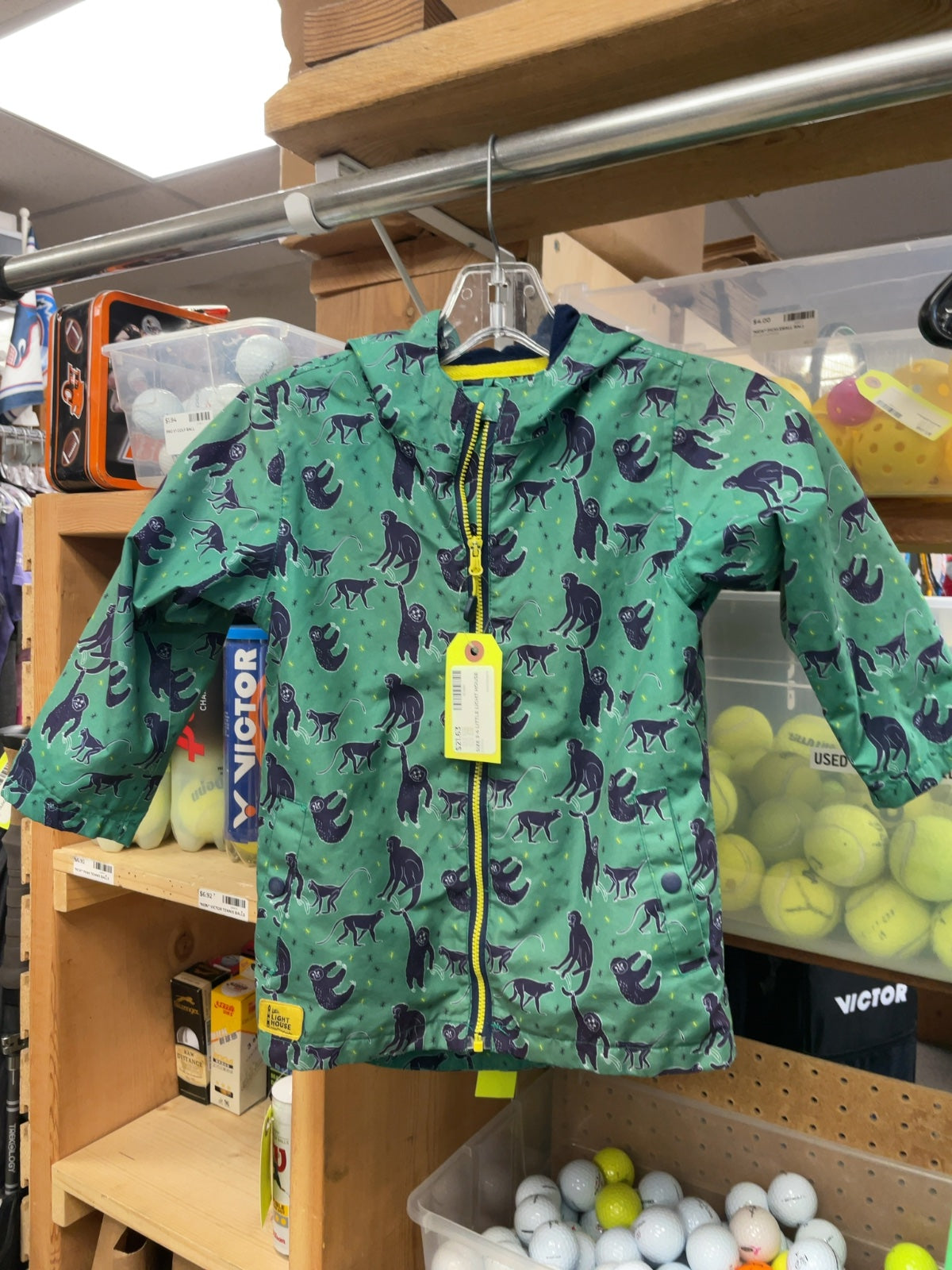 Little Light House Rain Jacket Size 3-4 Green Monkey Print