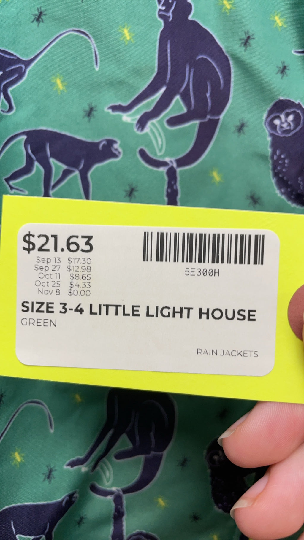 Little Light House Rain Jacket Size 3-4 Green Monkey Print