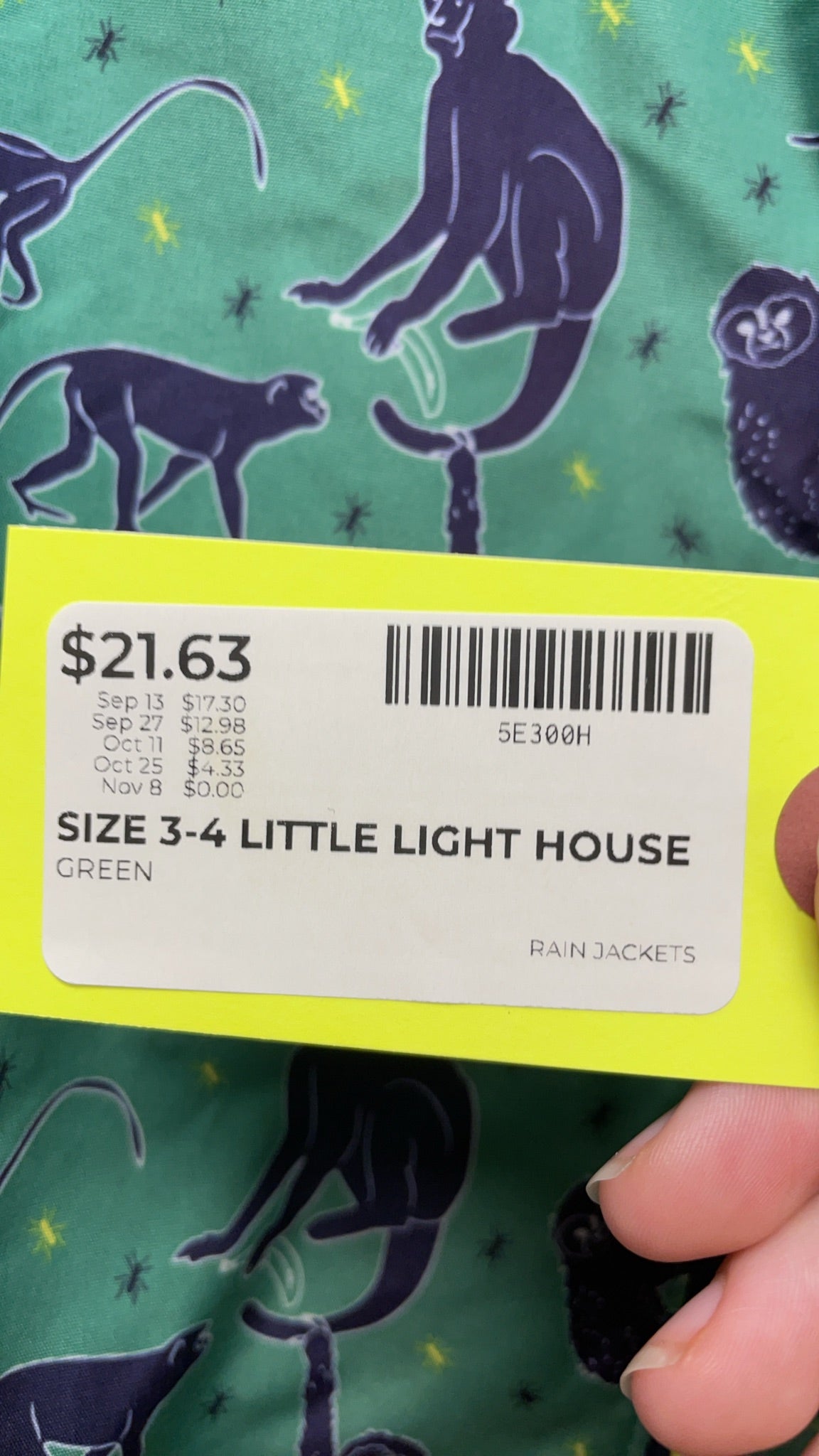 Little Light House Rain Jacket Size 3-4 Green Monkey Print