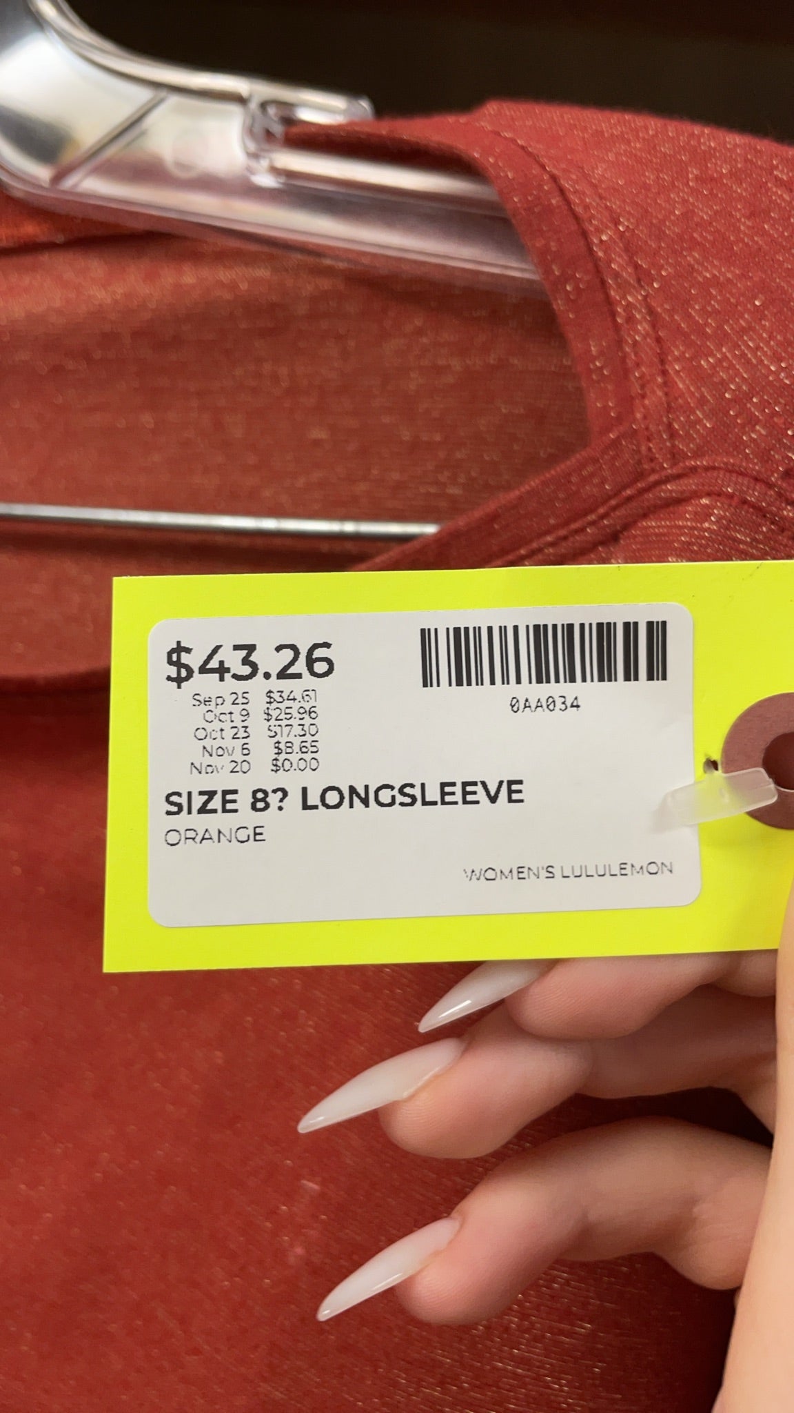 Lululemon Longsleeve Size 8 Orange Shimmer Top