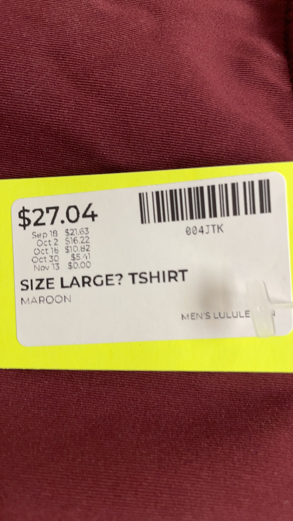 Lululemon Men's Athletic T-Shirt Size Large Maroon