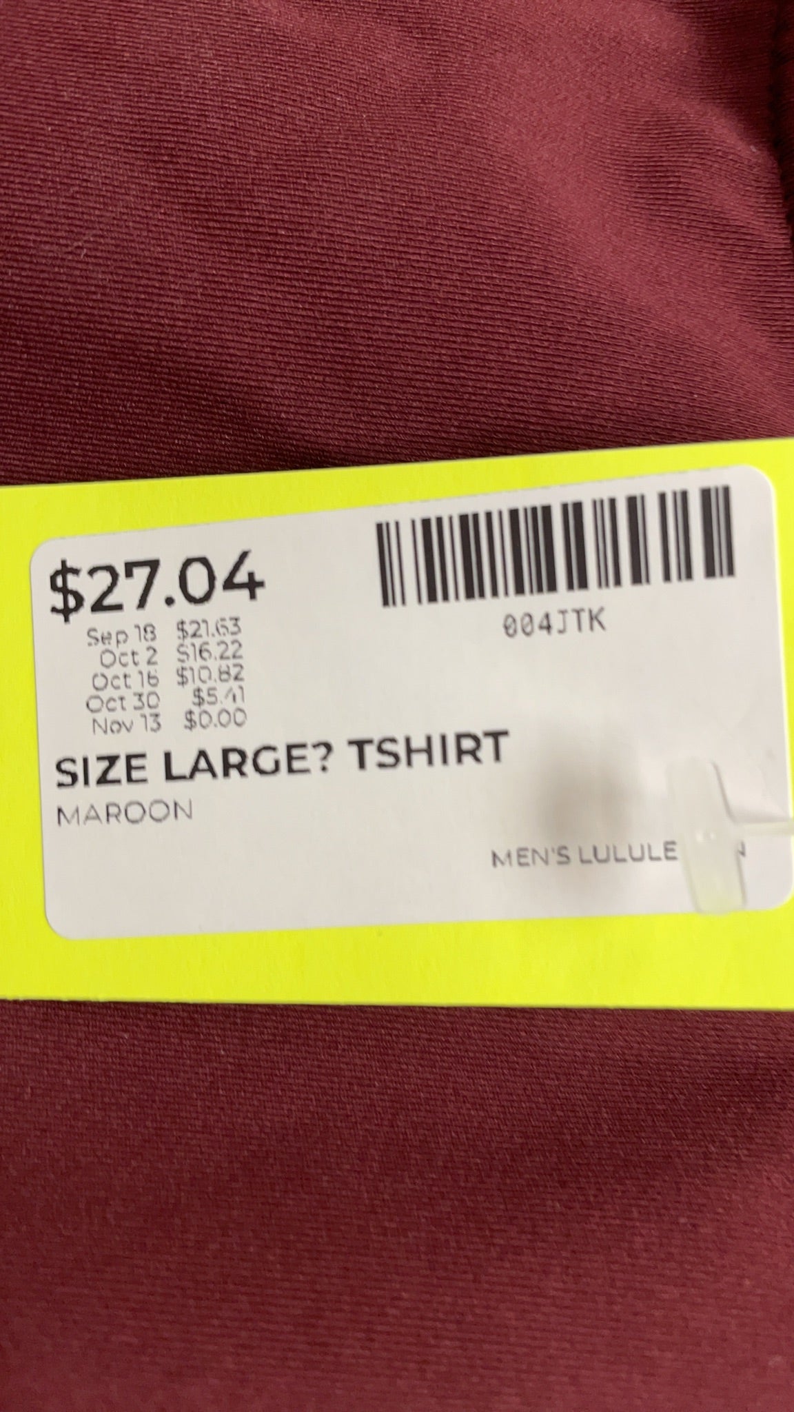 Lululemon Men's Athletic T-Shirt Size Large Maroon