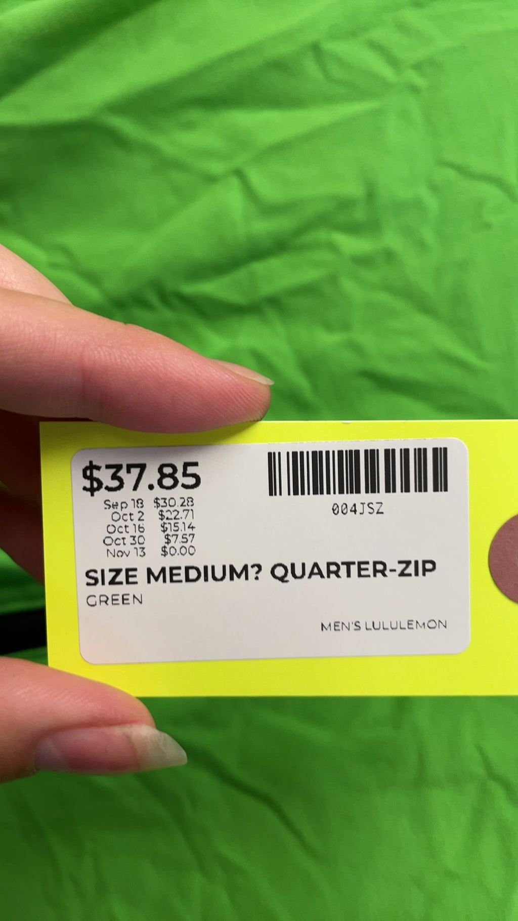 Lululemon Quarter-Zip Medium Green Men's Top