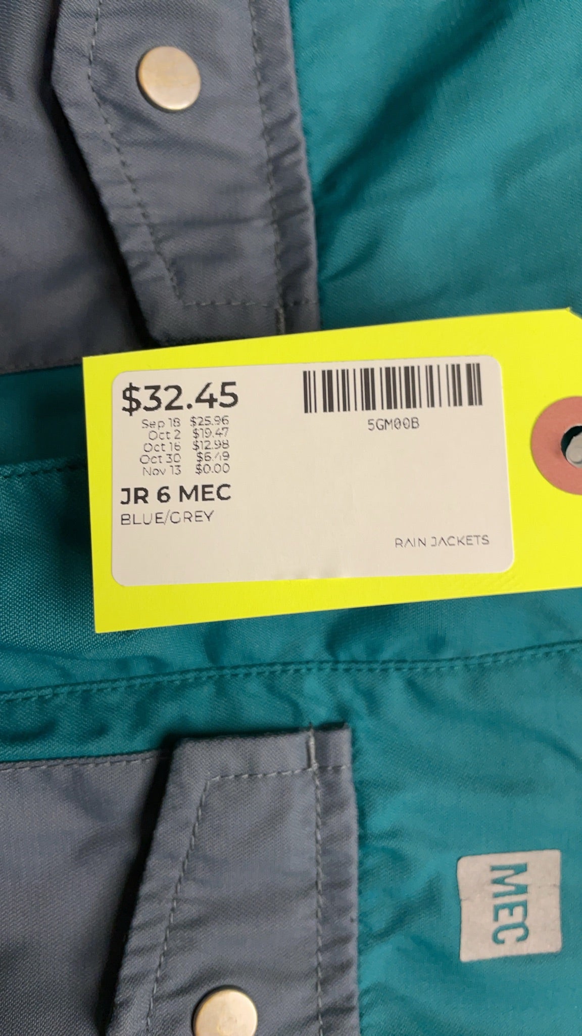 MEC Rain Jacket Size 6 Blue/Grey