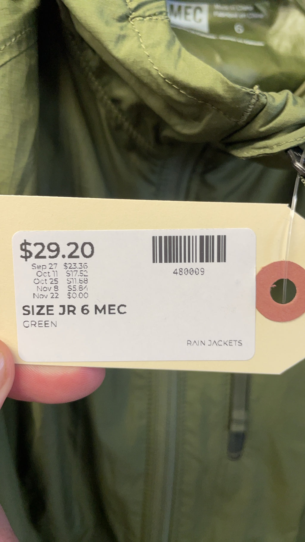 MEC Rain Jacket Size 6 Green
