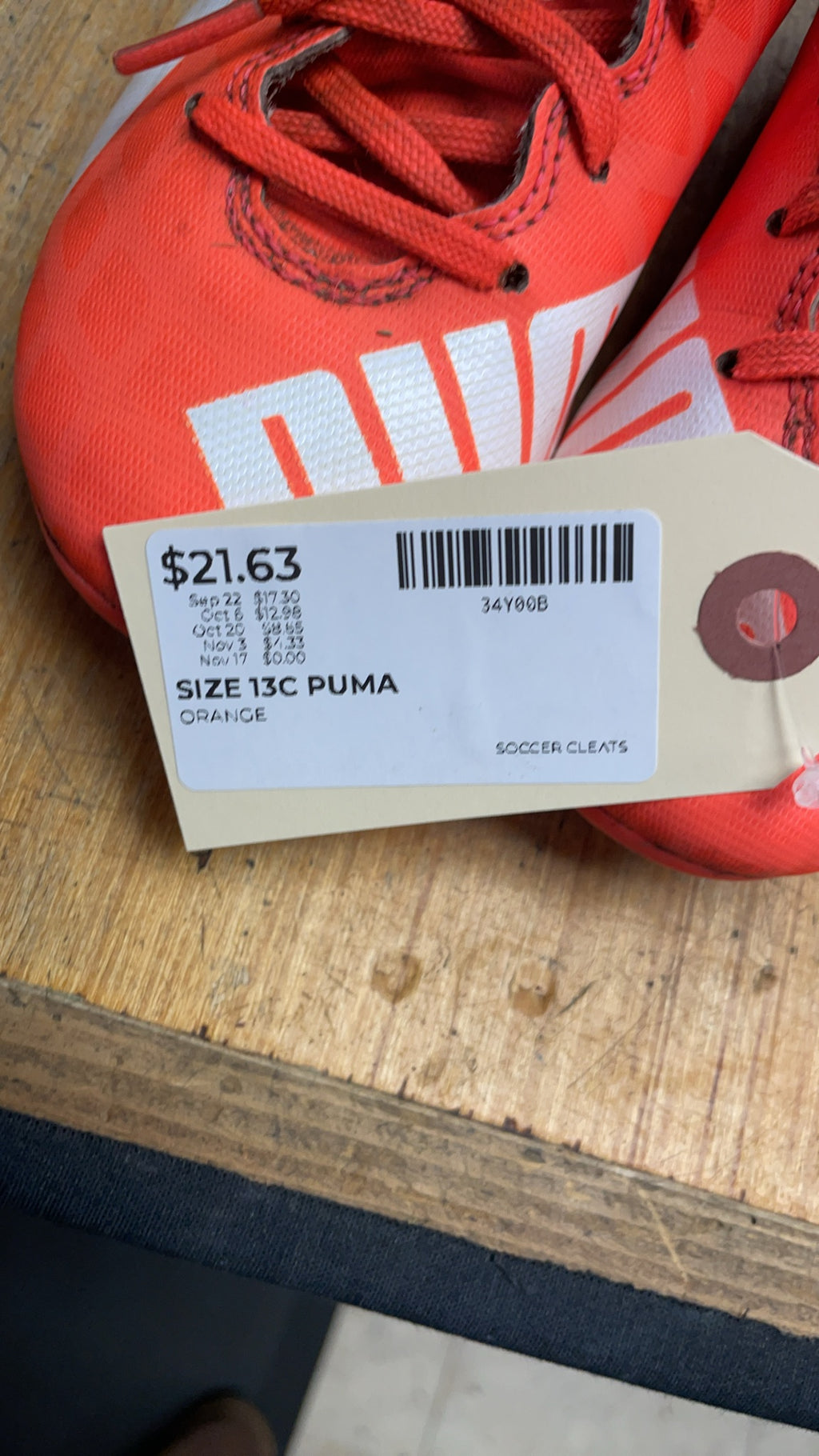 Puma evoSPEED Size 13C Orange Soccer Cleats
