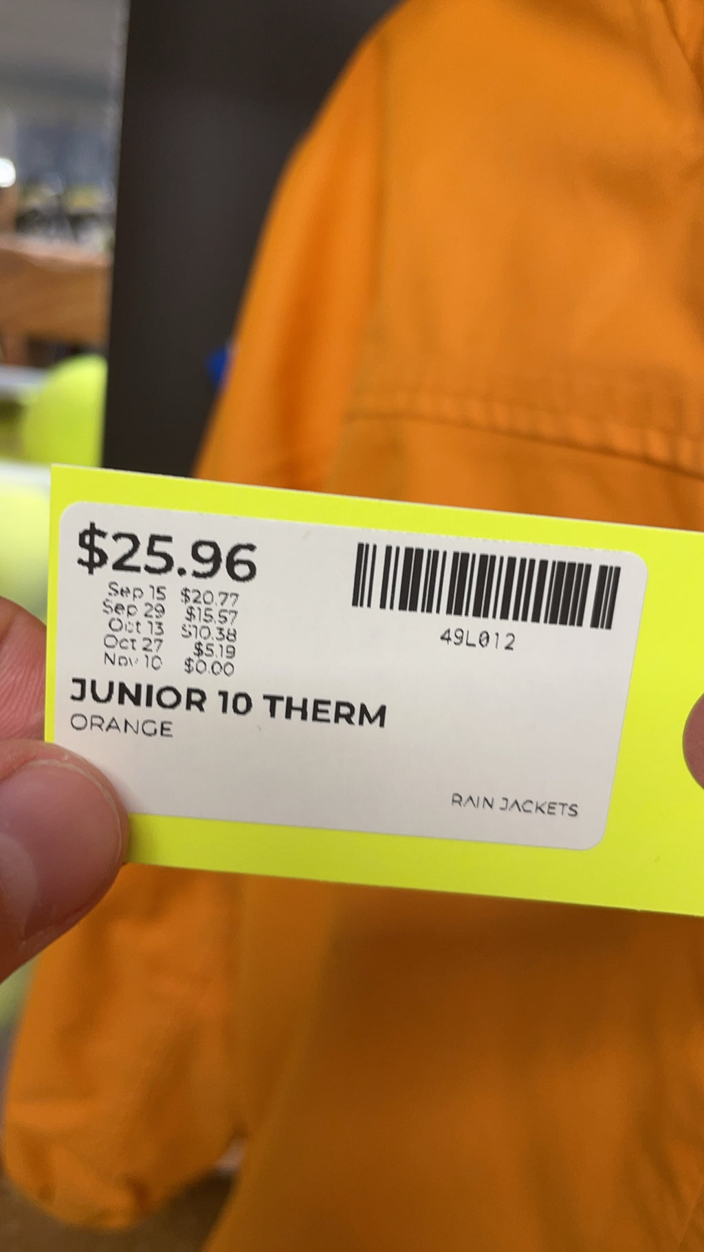Therm Rain Jacket Size 10 Orange