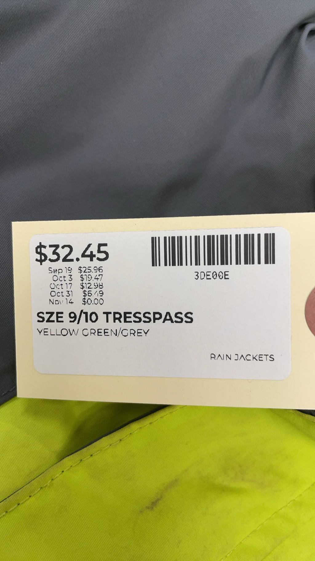 Trespass Rain Jacket 9/10 Yellow Green/Grey