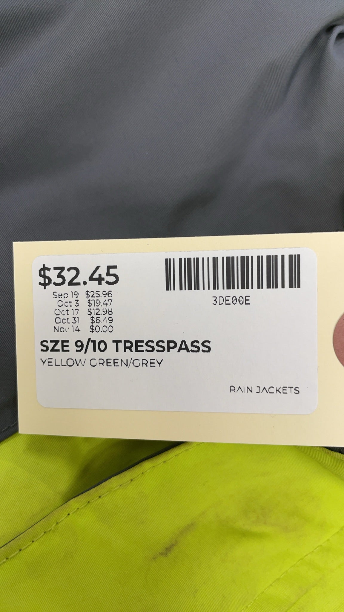 Trespass Rain Jacket 9/10 Yellow Green/Grey