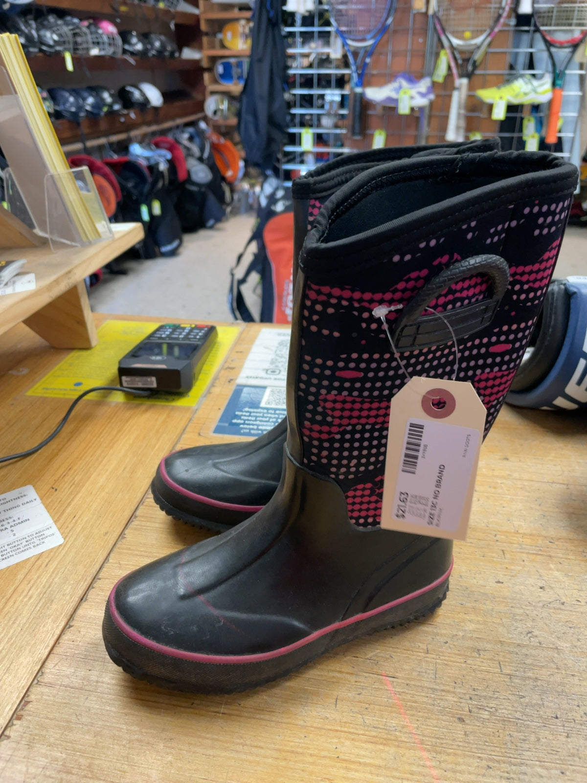 Unbranded Rain Boots Size 13C Black/Pink Patterned