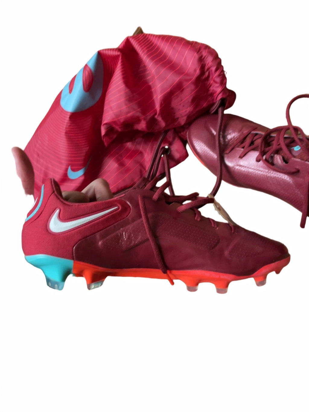 Nike Tiempo Legend Size 10.5 US Soccer Cleats with Bag Burgundy/Blue