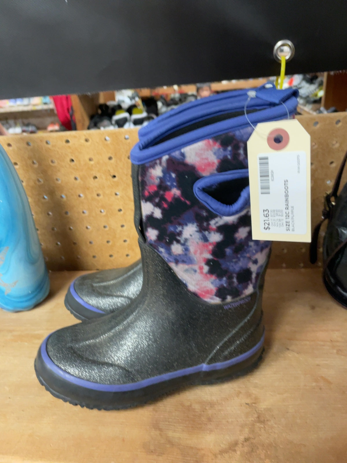 Bogs Rain Boots Size 12C Black / Purple Tie Dye Glitter