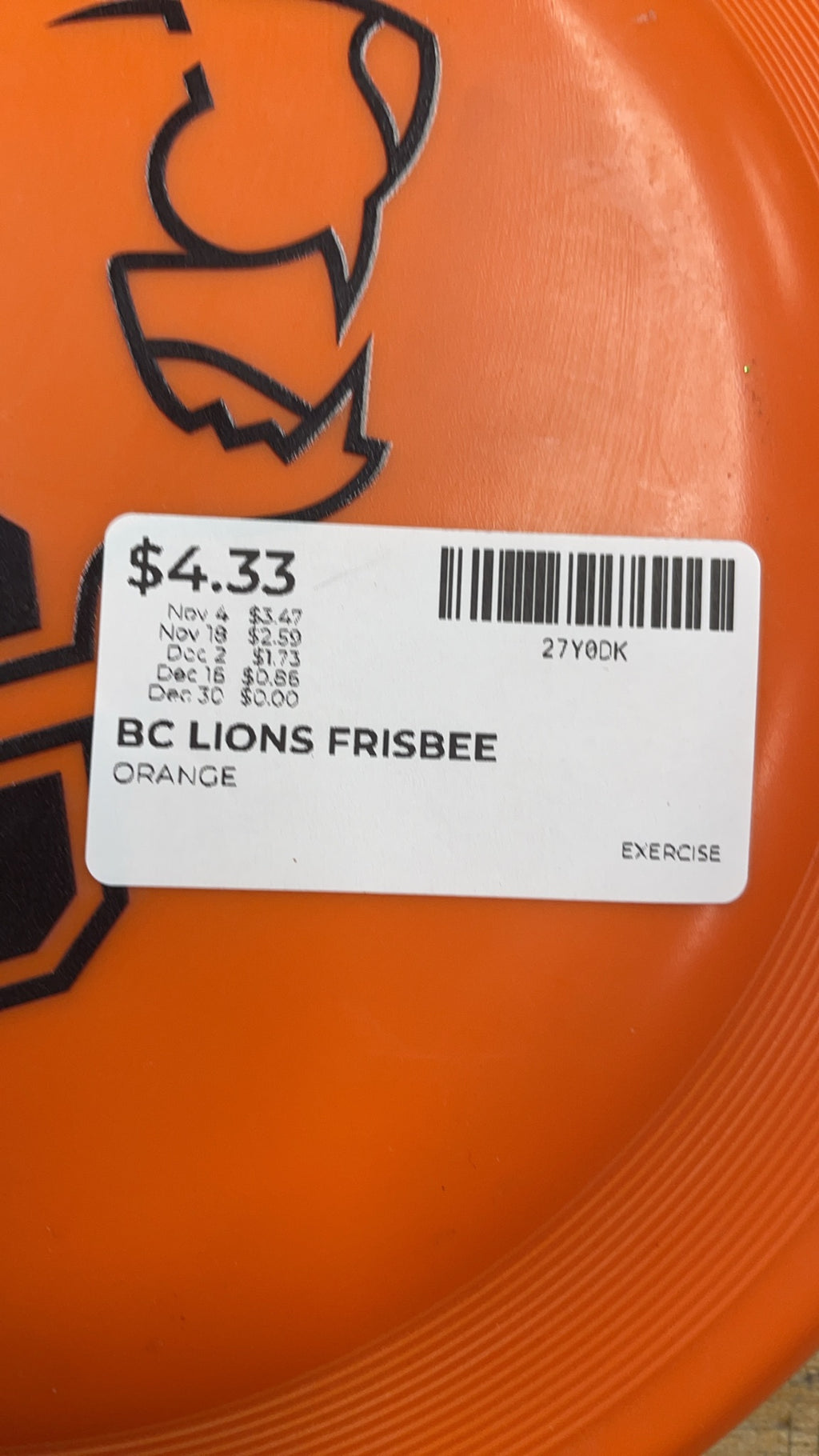 BC Lions Flying Disc Frisbee Orange