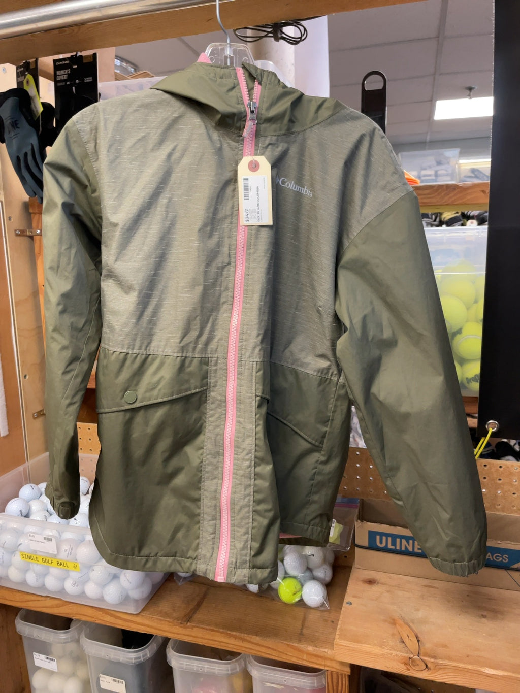 Columbia Hooded Rain Jacket Youth Size L (14/16) Green/Pink
