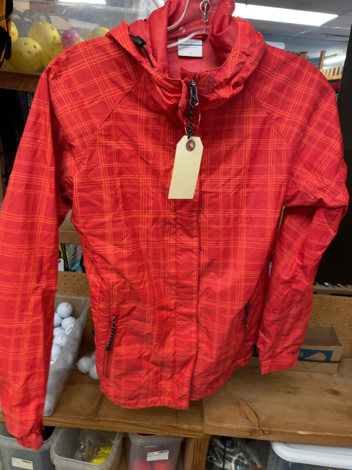 Columbia Plaid Hooded Rain Jacket XS Red