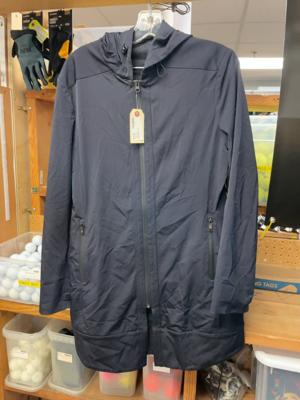 Hooded Full Zip Long Shell Jacket Size Large Black